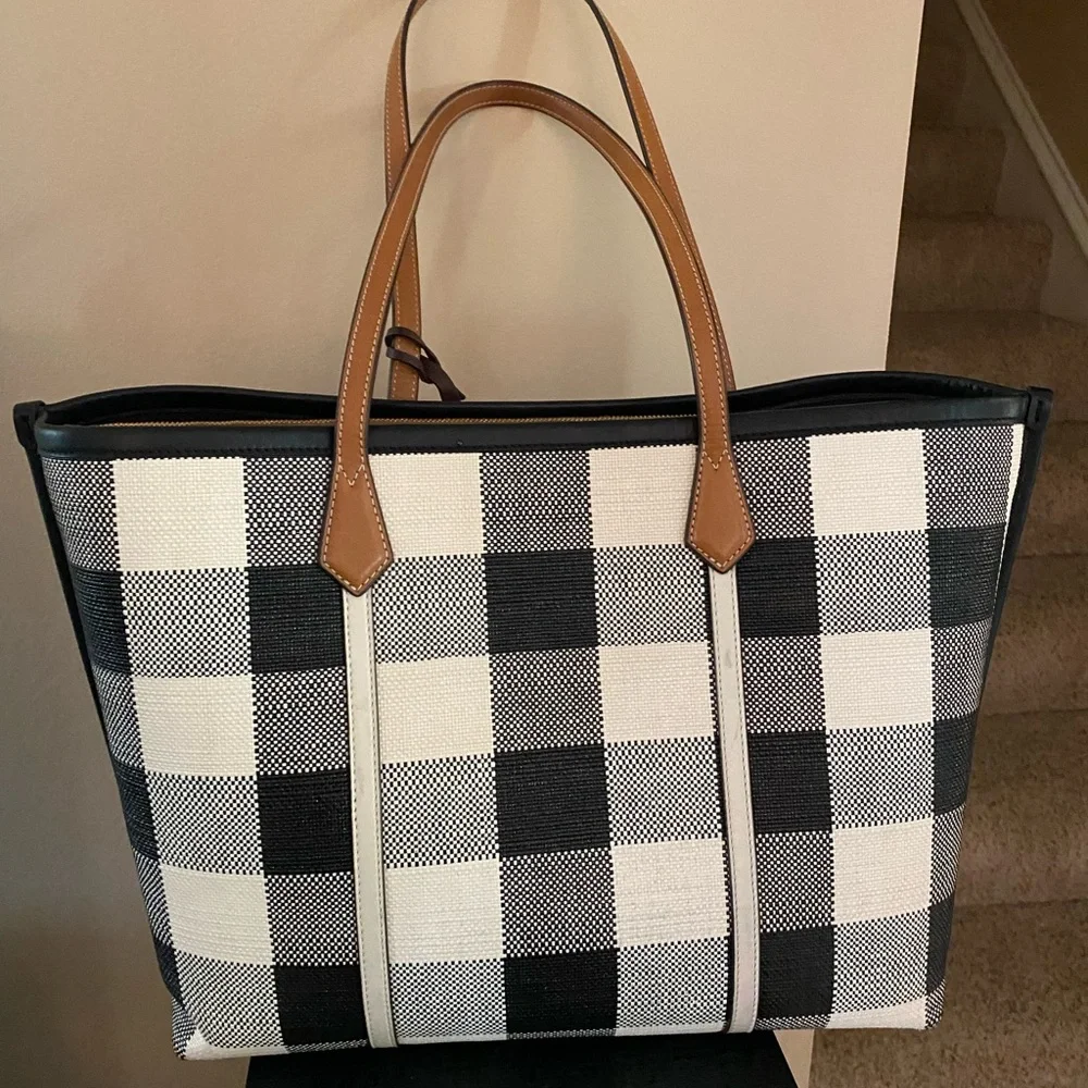 Tory Burch Plaid Gingham Tote with Tan Accents - Picture 3 of 9